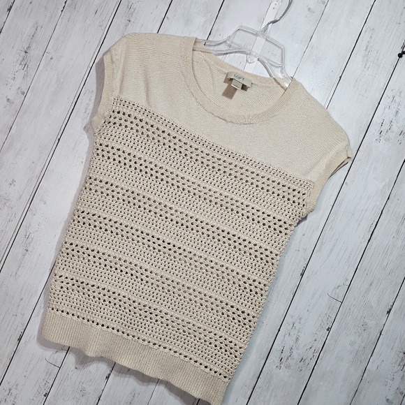 LOFT Women's SWEATER Knitted Cap Sleeves Ivory Cream Cotton Size Medium. - Picture 2 of 6